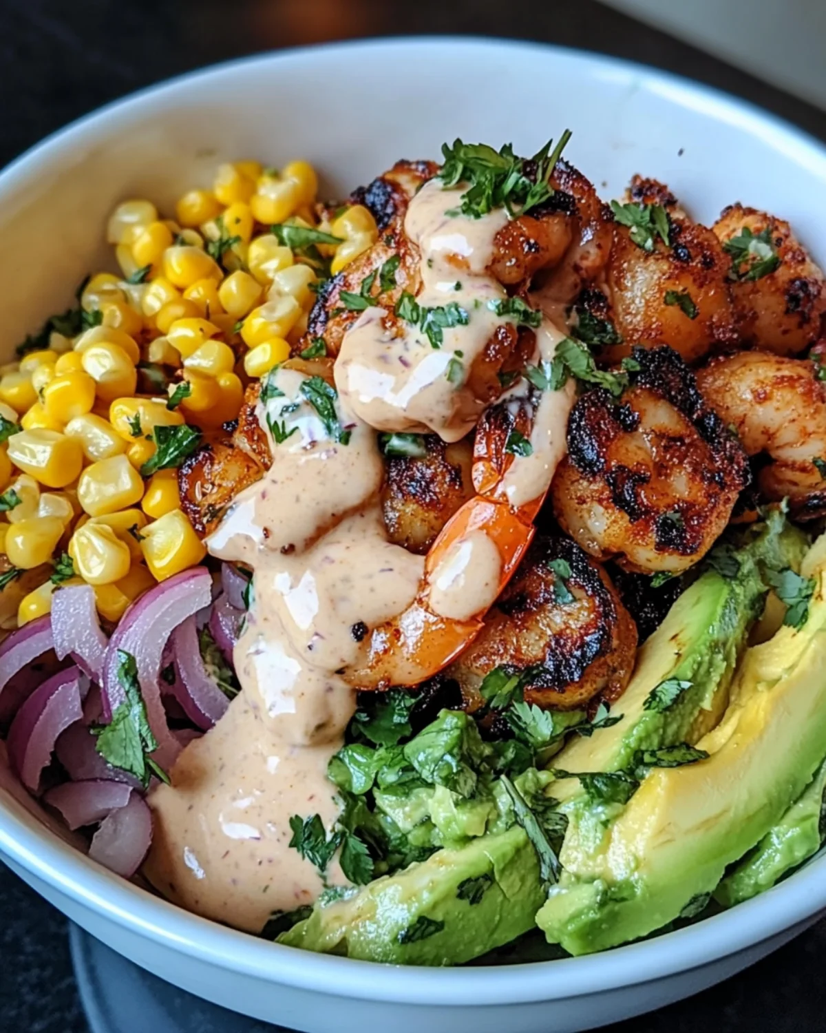 Grilled Shrimp Bowl with Corn Salsa & Creamy Sauce