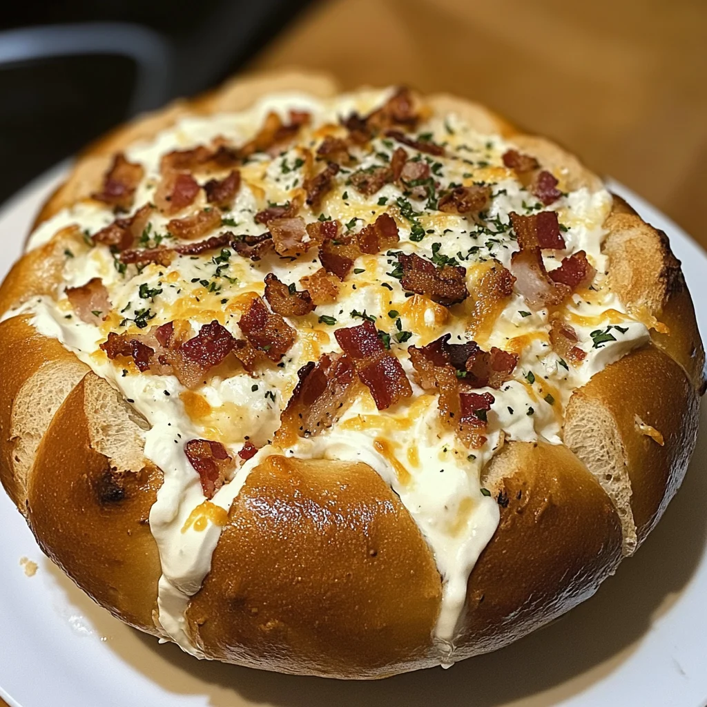 Bacon Ranch Pizza Dip Stuffed Bread Bowl Recipe