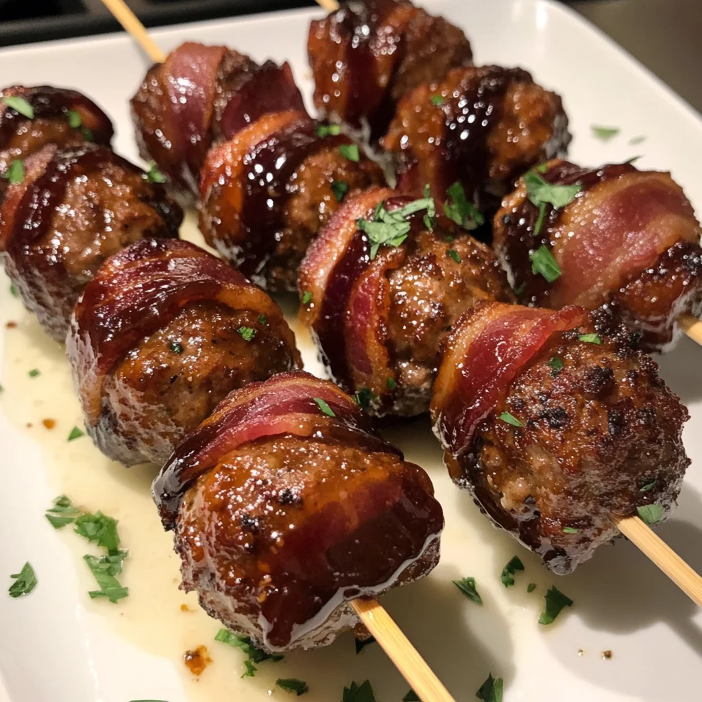 Bacon Wrapped BBQ Meatball Skewers Recipe