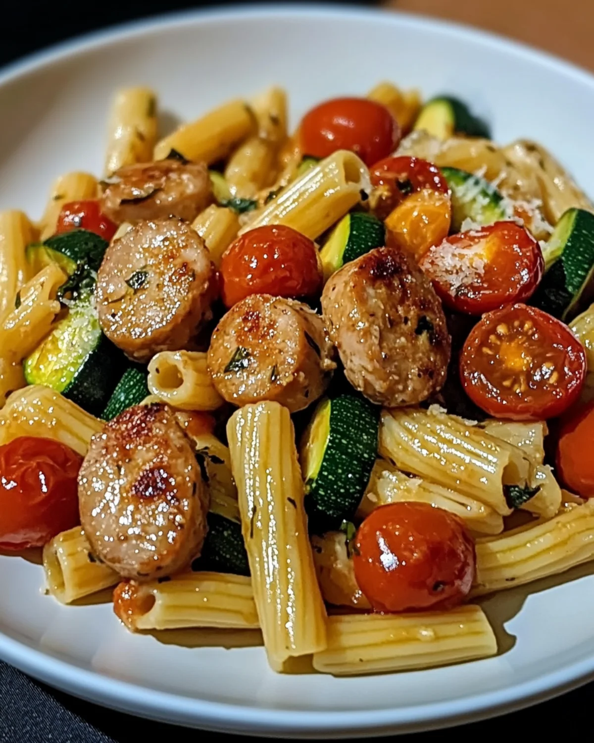 Chicken Sausages with Zucchini, Tomatoes, and Pasta
