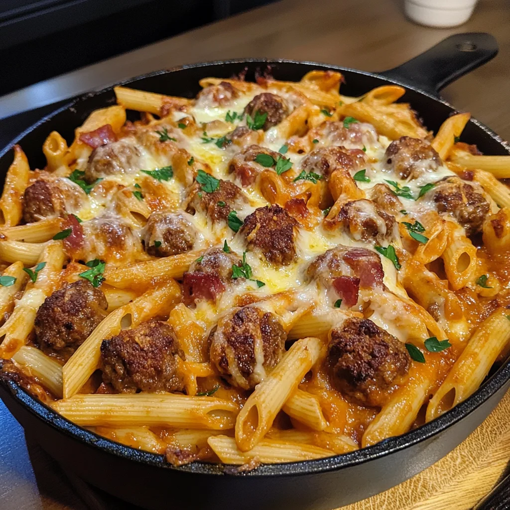 Smoky BBQ Bacon Meatball Pasta Bake Recipe