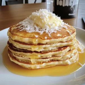 Enjoy fluffy Coconut Cream Pancakes made with coconut milk and shredded coconut for a tropical breakfast treat!
