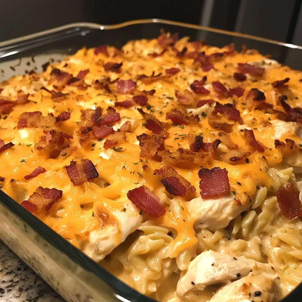Easy Creamy Bacon Ranch Chicken and Orzo Casserole