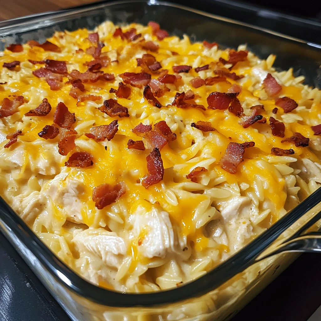Easy Creamy Bacon Ranch Chicken and Orzo Casserole