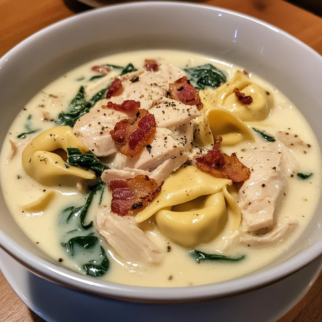 Easy Creamy Chicken and Bacon Tortellini Soup Bowl