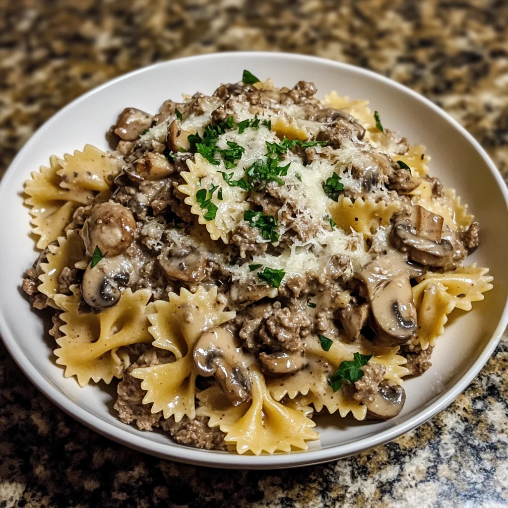 Easy Creamy Garlic Parmesan Beef and Mushroom Bowties
