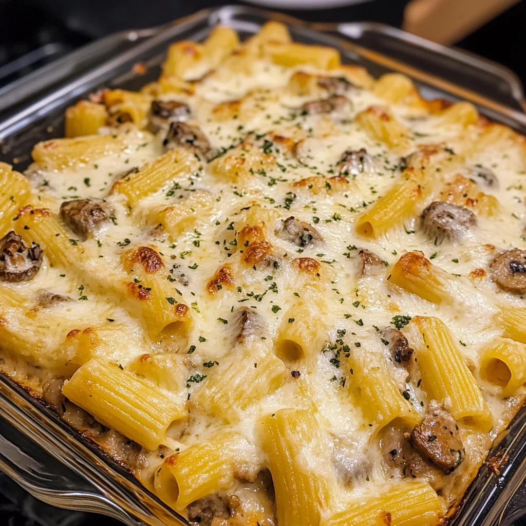 Easy Creamy Truffle Mushroom and Sausage Rigatoni Bake