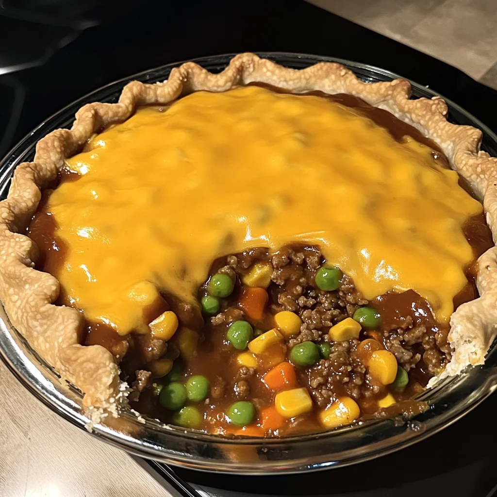 Deep Dish BBQ Cheeseburger Pie in cast iron skillet