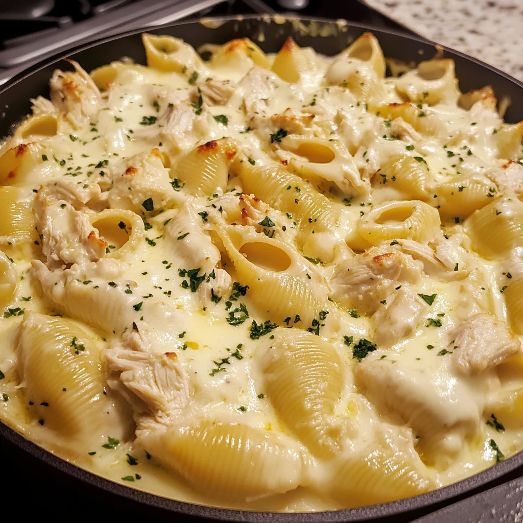 Easy One-Pot Chicken Alfredo Stuffed Shell Skillet Meal