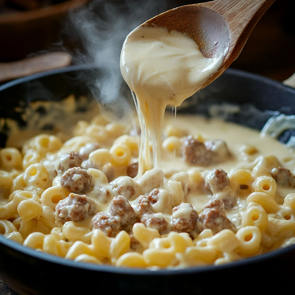 Loaded Breakfast Mac & Cheese: The Ultimate Morning Comfort Dish 7 Pouring cheese sauce into mac and cheese mix