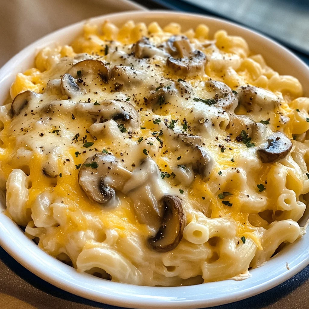 Loaded Truffle Mushroom Mac in cast iron skillet with golden crust