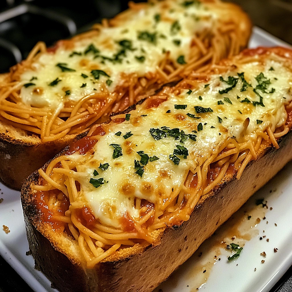 Indulge in Cheesy Spaghetti Garlic Bread for a Flavorful Dinner! 4 Cheesy Spaghetti Garlic Bread 4 Servings Ultimate Delicious