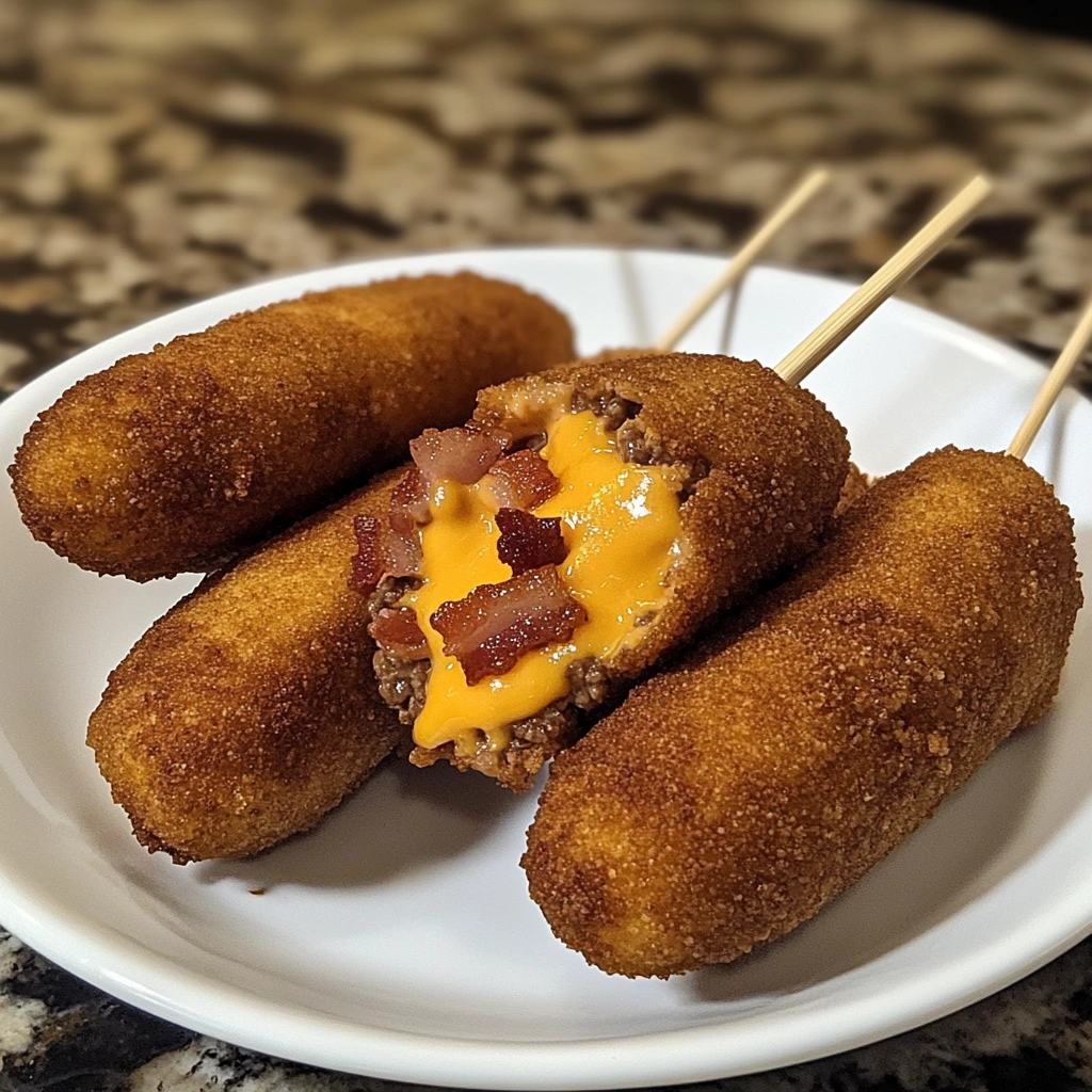 Indulge in Deep-Fried Bacon Cheeseburger Corn Dogs Today! 4 Deep-Fried Bacon Cheeseburger Corn Dogs 6 Ingredients Awesome Delicious