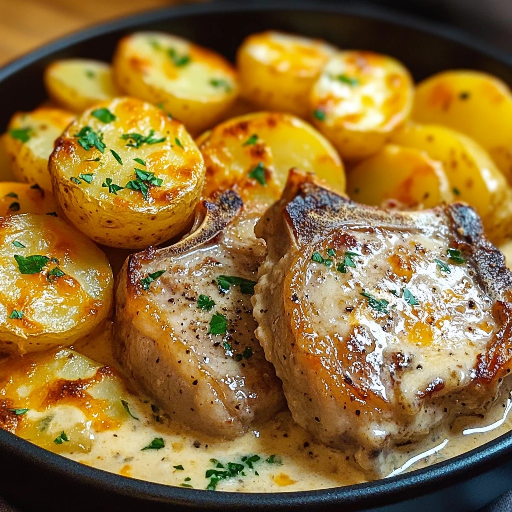 Savor Garlic Parmesan Pork Chops with Cheesy Scalloped Potatoes! 4 Garlic Parmesan Pork Chops 4 Servings Ultimate Delicious