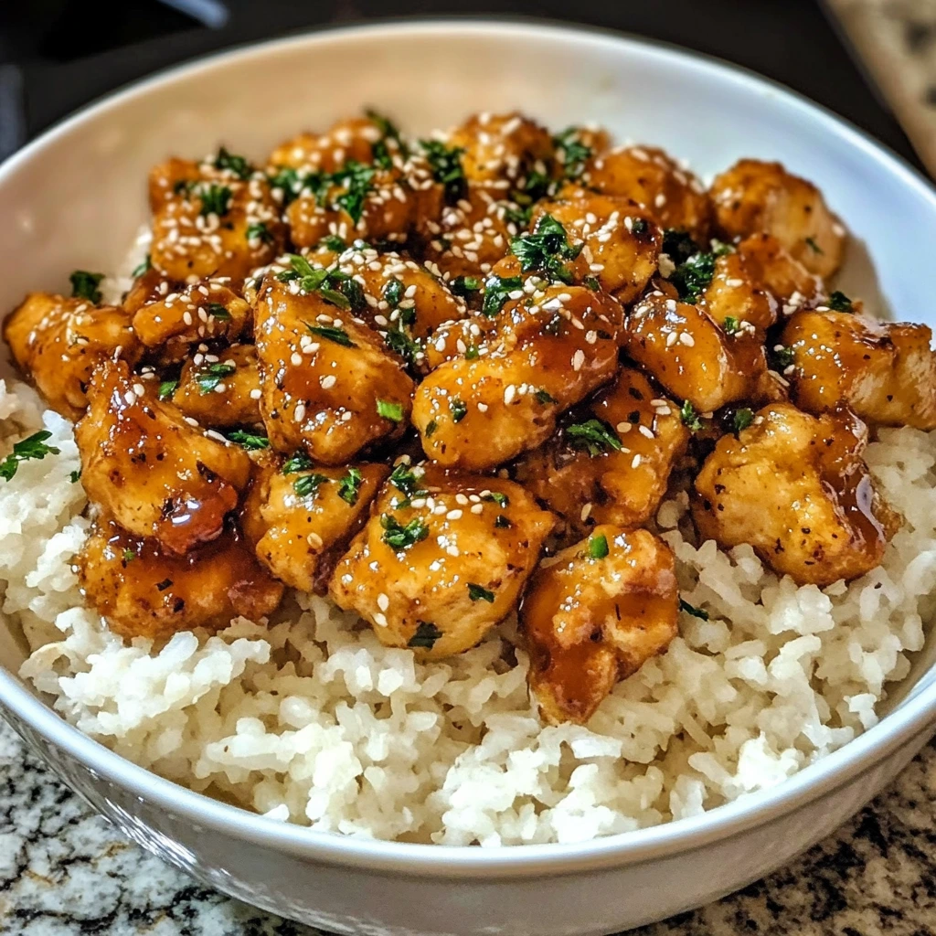 Savor Honey Garlic Chicken Bites Over Creamy Rice Tonight! 4 Honey Garlic Chicken Bites Over Creamy Rice – 4 Servings