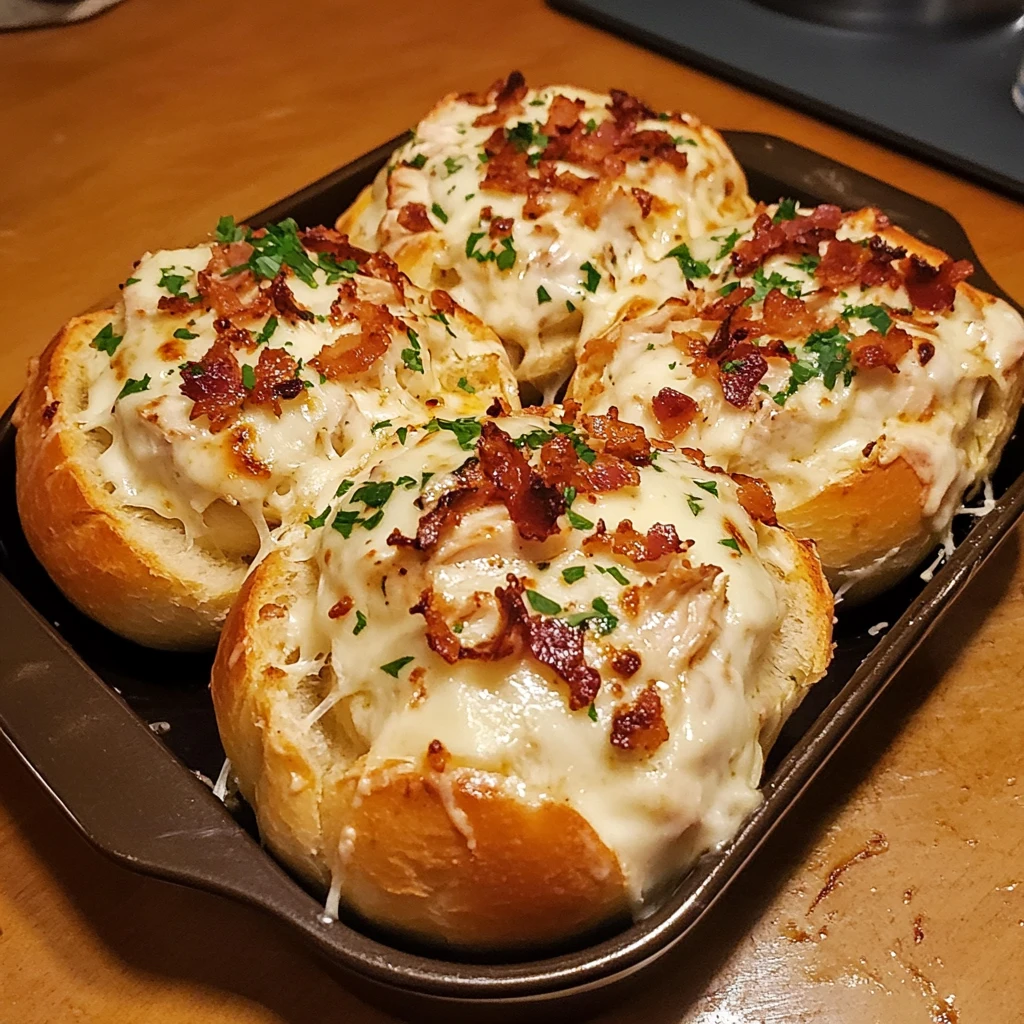 Monster Bacon Chicken Alfredo Loaded Bread Bowl Bombs