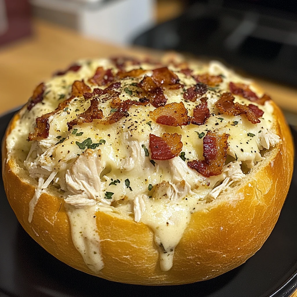 Monster Bacon Chicken Alfredo Loaded Bread Bowl Bombs