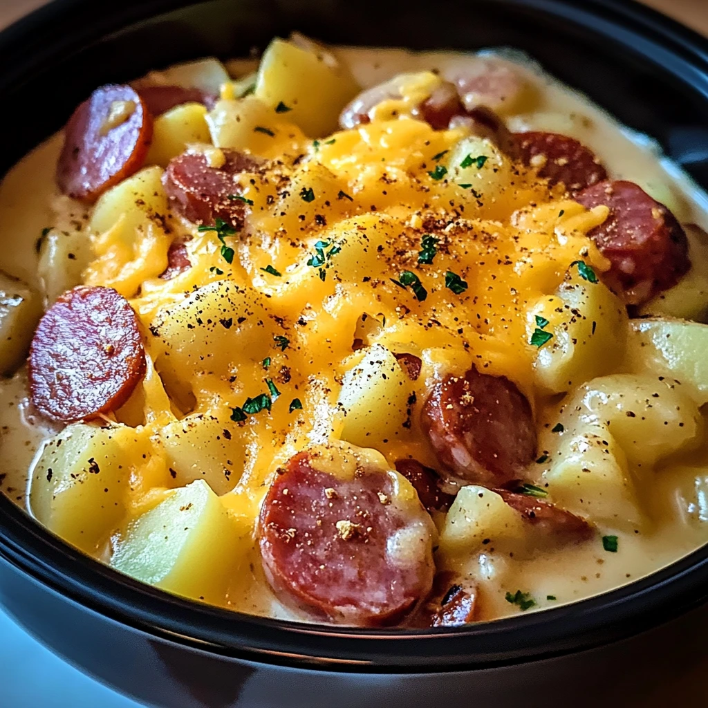 Discover the Comfort of Crockpot Cheesy Potatoes and Kielbasa Today! 4 Crockpot Cheesy Potatoes and Kielbasa 4 Servings Easy Delicious