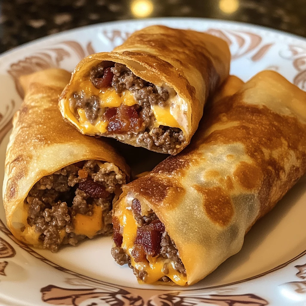 Indulge in Loaded Bacon Cheeseburger Egg Roll Bombs Today! 4 Loaded Bacon Cheeseburger Egg Roll Bombs 4 Servings Awesome Delicious