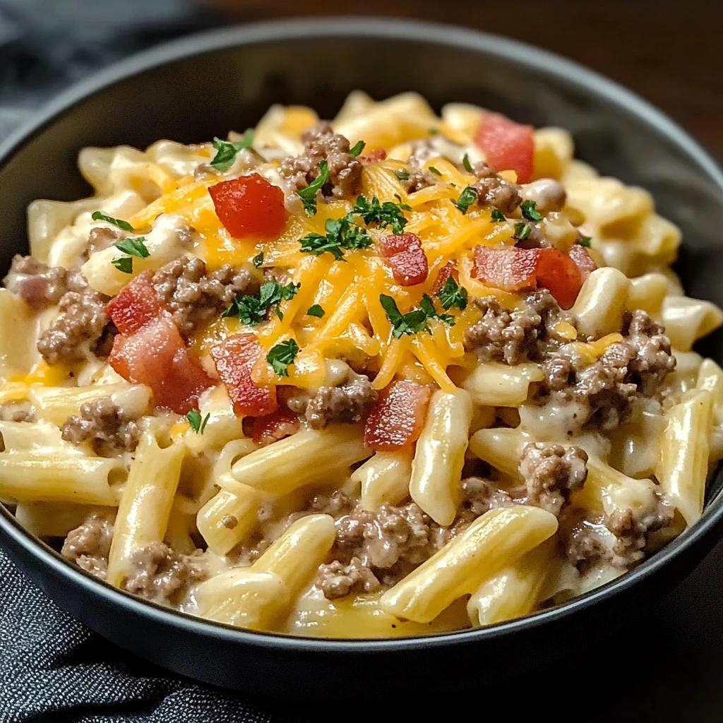 Savor the Flavor of Loaded Cheeseburger Alfredo Pasta Today! 4 Loaded Cheeseburger Alfredo Pasta 4 Servings Awesome Delicious