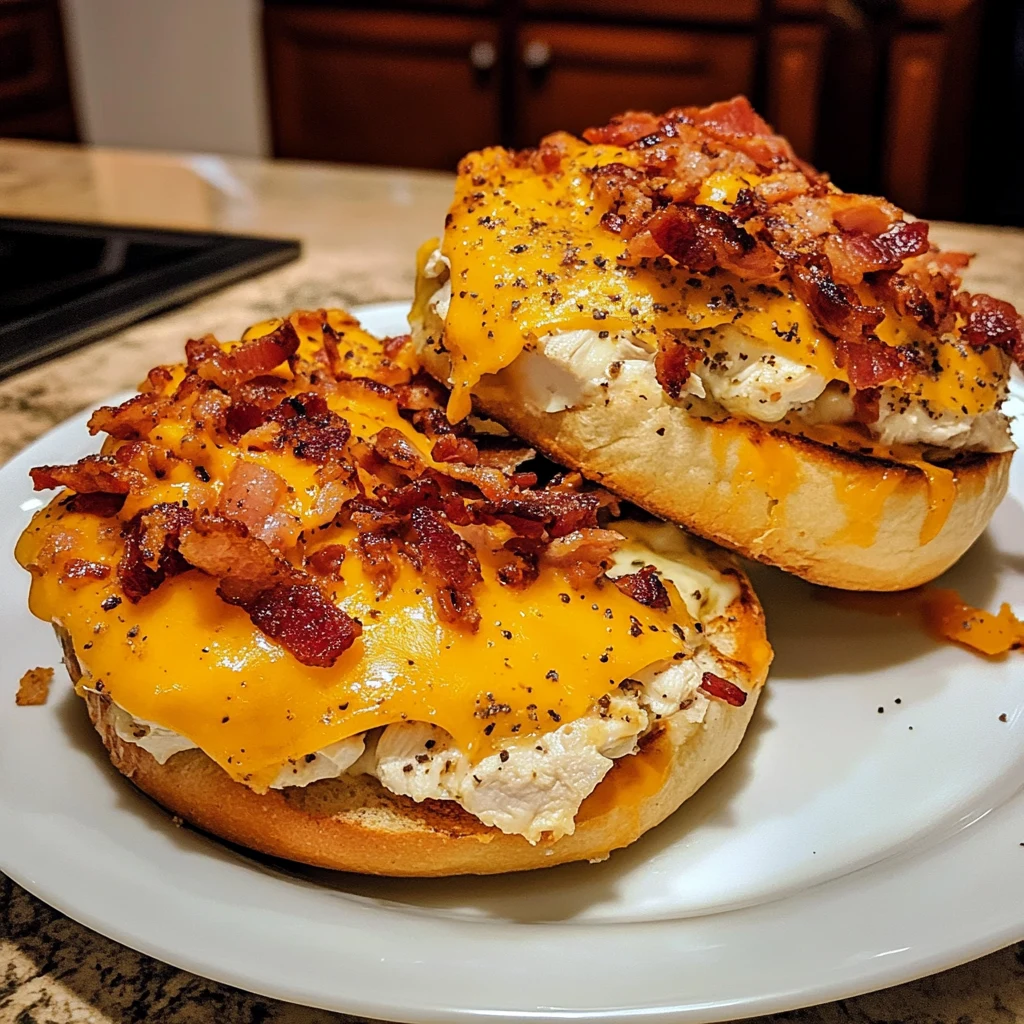 Indulge in Monster Loaded Bacon Chicken Cheese Bagel Melts Today! 4 Monster Loaded Bacon Chicken Cheese Bagel Melts 30 Minutes Awesome Delicious