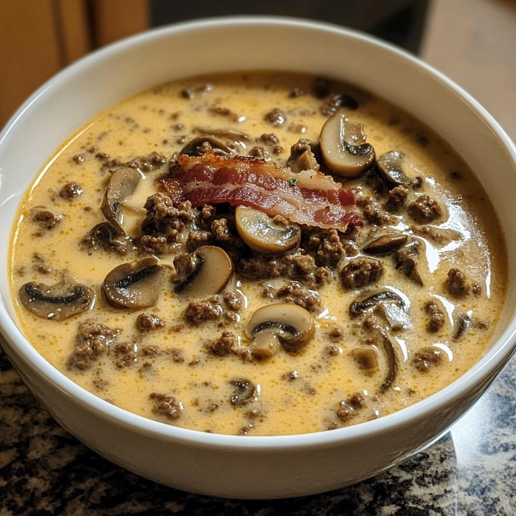 Dive into Flavor with Bacon Mushroom Swiss Cheeseburger Soup! 4 Bacon Mushroom Swiss Cheeseburger Soup 4 Servings Easy Delicious