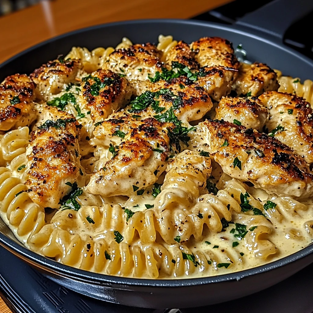 Cheesy Twisted Pasta with Creamy Garlic Parmesan Chicken