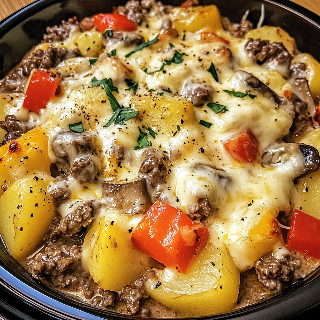 Crockpot Cheesesteak Potato Casserole 6 Ingredients Easy Delicious