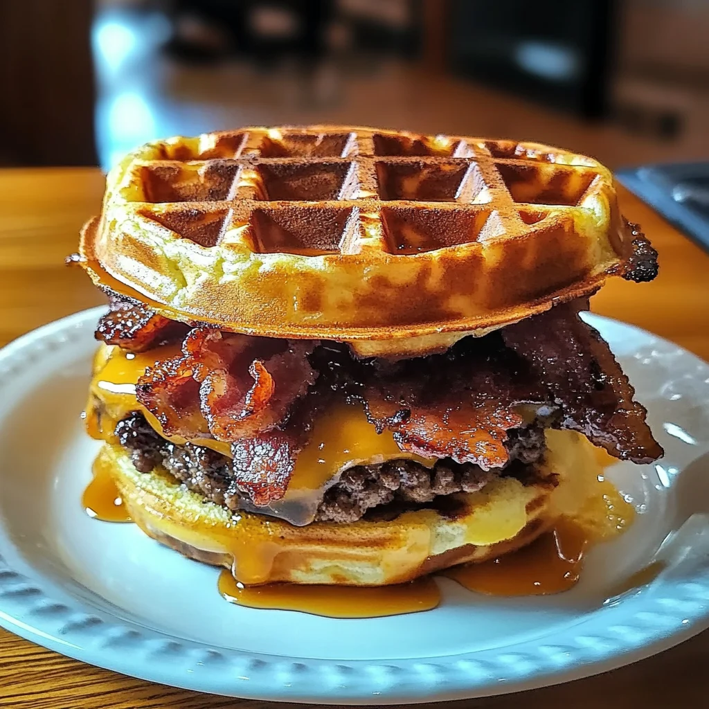 Indulge in the Ultimate Maple Bacon Waffle Burger Recipe! 4 Maple Bacon Waffle Burger 6 Ingredients Outstanding Delicious