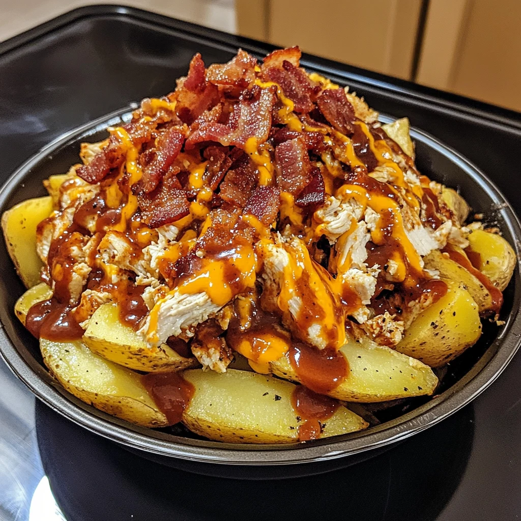 Indulge in Monster Cheesy BBQ Chicken Bacon Fries Today! 4 Monster Cheesy BBQ Chicken Bacon Fries 30 Minutes Ultimate Delicious