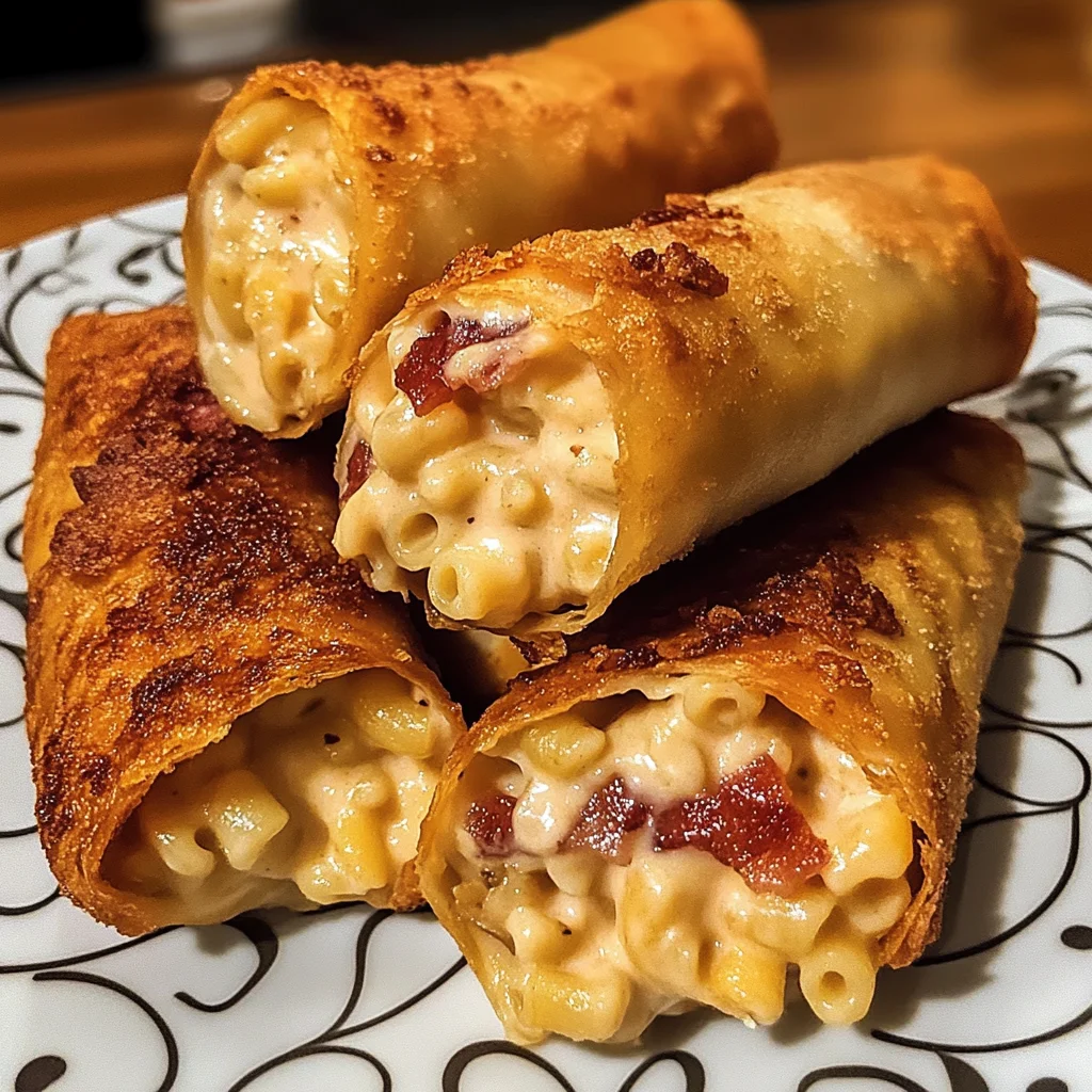 Indulge in Monster Chicken Bacon Mac N Cheese Stuffed Egg Rolls! 4 Monster Chicken Bacon Mac N Cheese Stuffed Egg Rolls – 12 Ingredients!