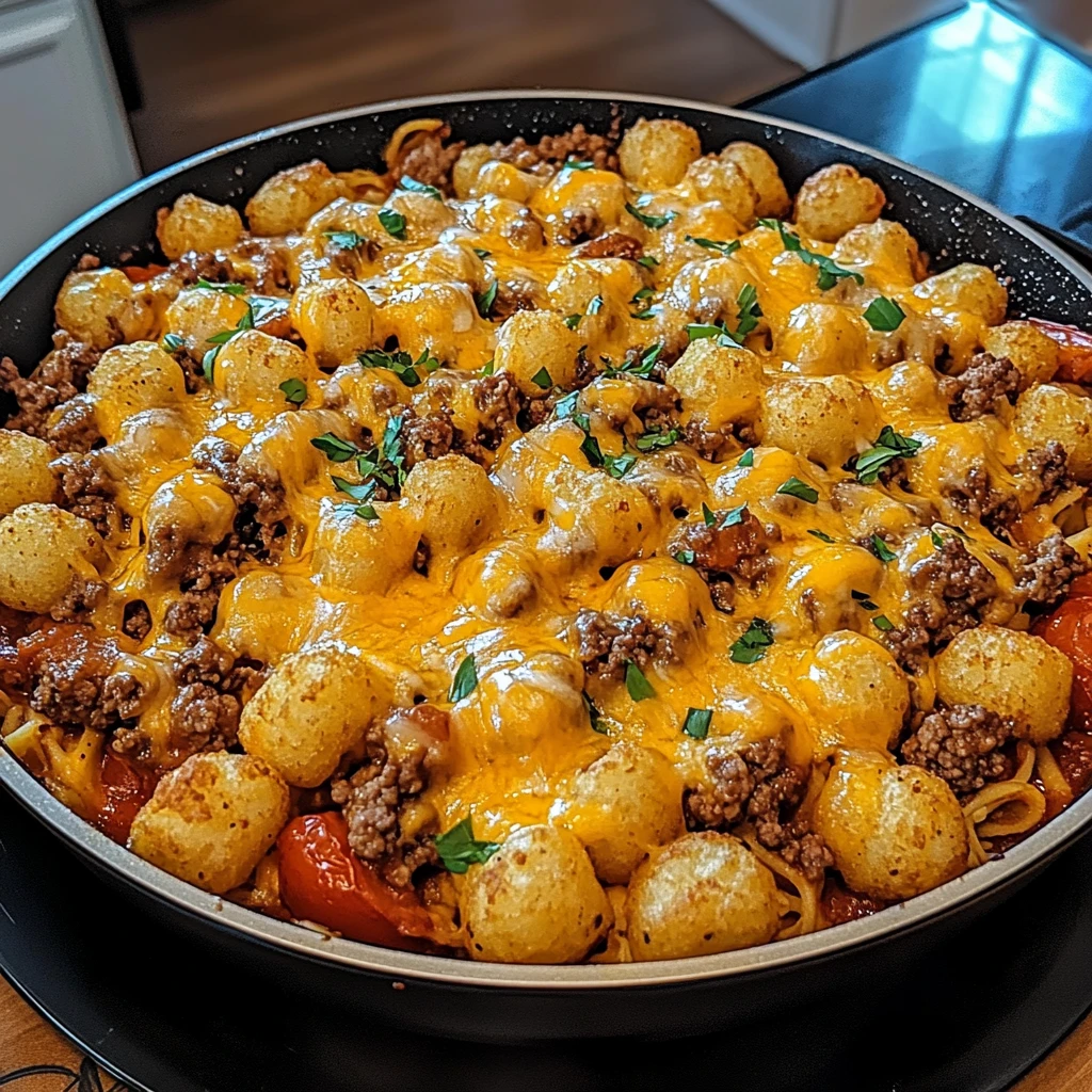 One-Pan Cheeseburger Tater Tot Pasta 30 Minutes Easy Delicious