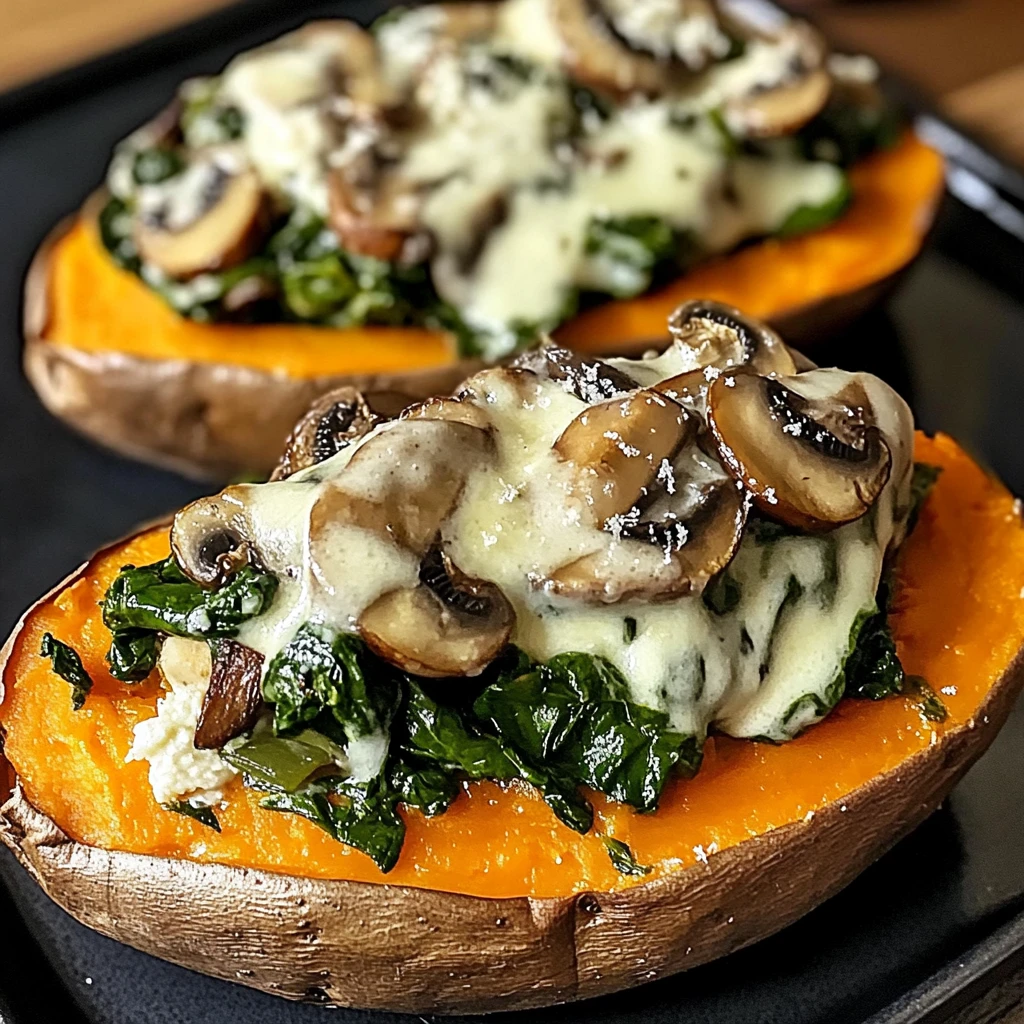 Creamy Mushroom and Spinach Stuffed Sweet Potatoes 4 Servings Easy Delicious