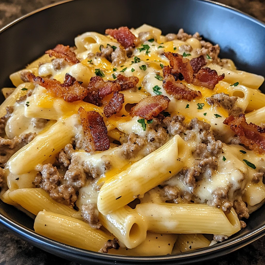 Indulge in Loaded Bacon Cheeseburger Alfredo Pasta Tonight! 4 Loaded Bacon Cheeseburger Alfredo Pasta 4 Servings Easy Delicious