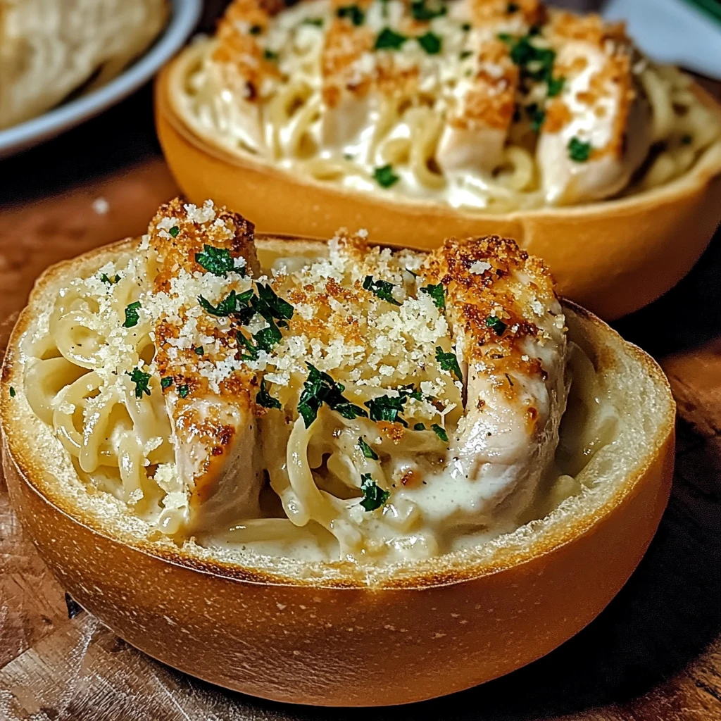 Indulge in Chicken Alfredo Garlic Bread Bowls for Dinner Tonight! 4 Chicken Alfredo Garlic Bread Bowls 30 Minutes Ultimate Delicious