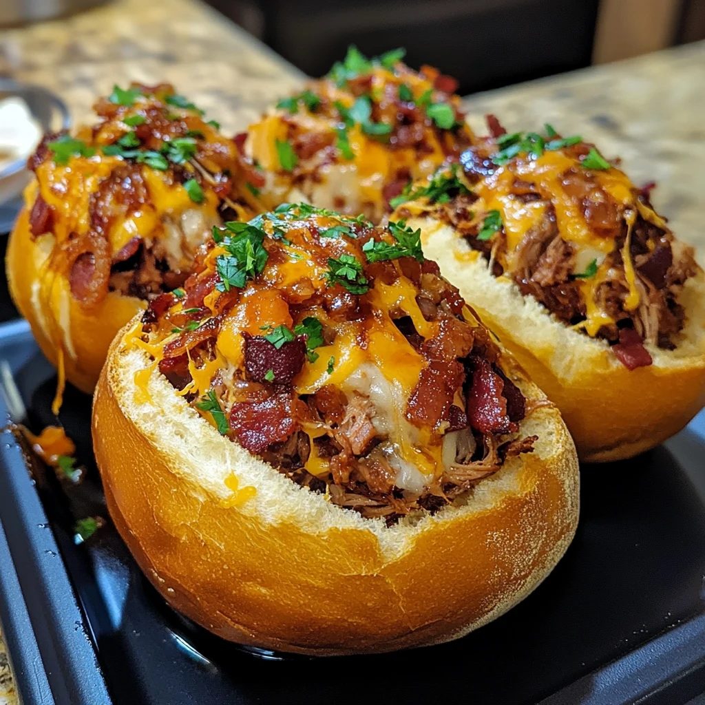 Create Irresistible Monster BBQ Bacon Pulled Pork Cheese Bread Bowl Bombs 4 Monster BBQ Bacon Pulled Pork Cheese Bread Bowl Bombs