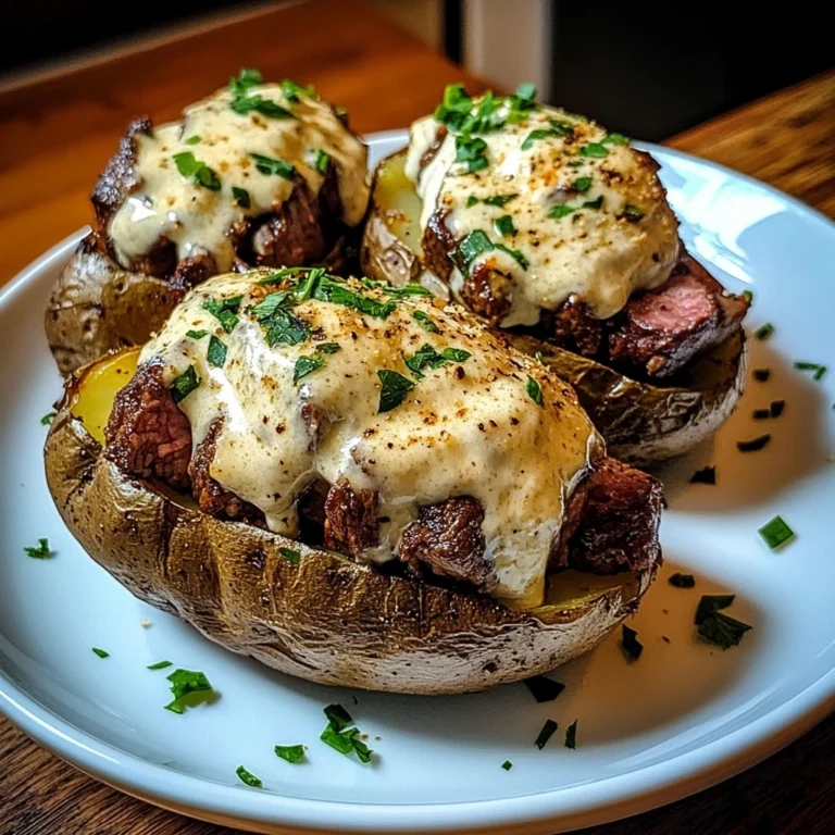 Steak-Stuffed Baked Potatoes with Parmesan Cream Sauce