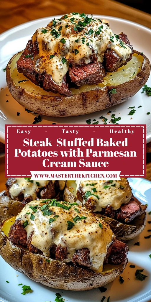 Indulge in Steak-Stuffed Baked Potatoes with Parmesan Cream Sauce 4 Steak-Stuffed Baked Potatoes with Parmesan Cream Sauce