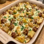 Cheesy Garlic Parmesan Sausage & Crispy Potato Casserole