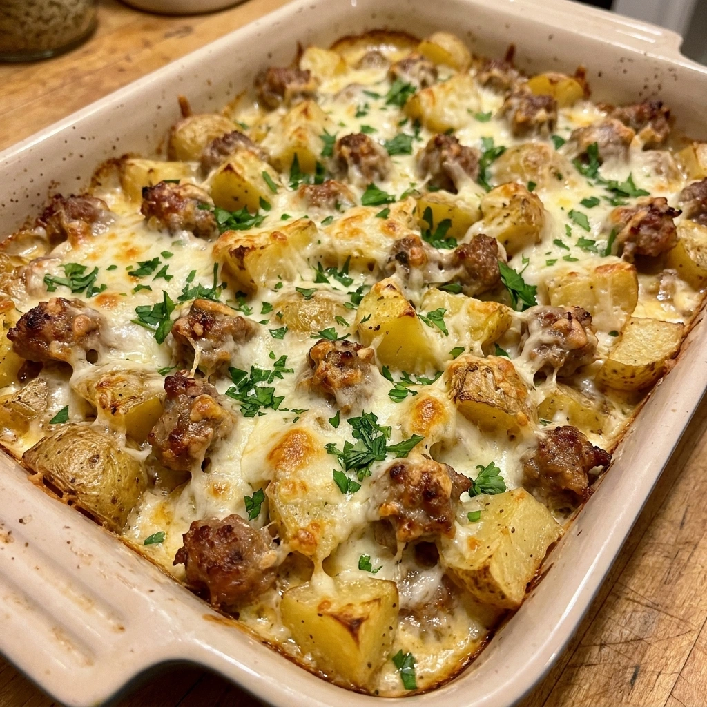 Cheesy Garlic Parmesan Sausage & Crispy Potato Casserole