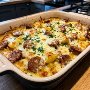 Cheesy Garlic Parmesan Sausage & Crispy Potato Casserole