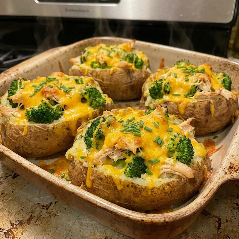 Creamy Chicken Broccoli Cheddar Stuffed Potatoes 4 Servings Easy Delicious