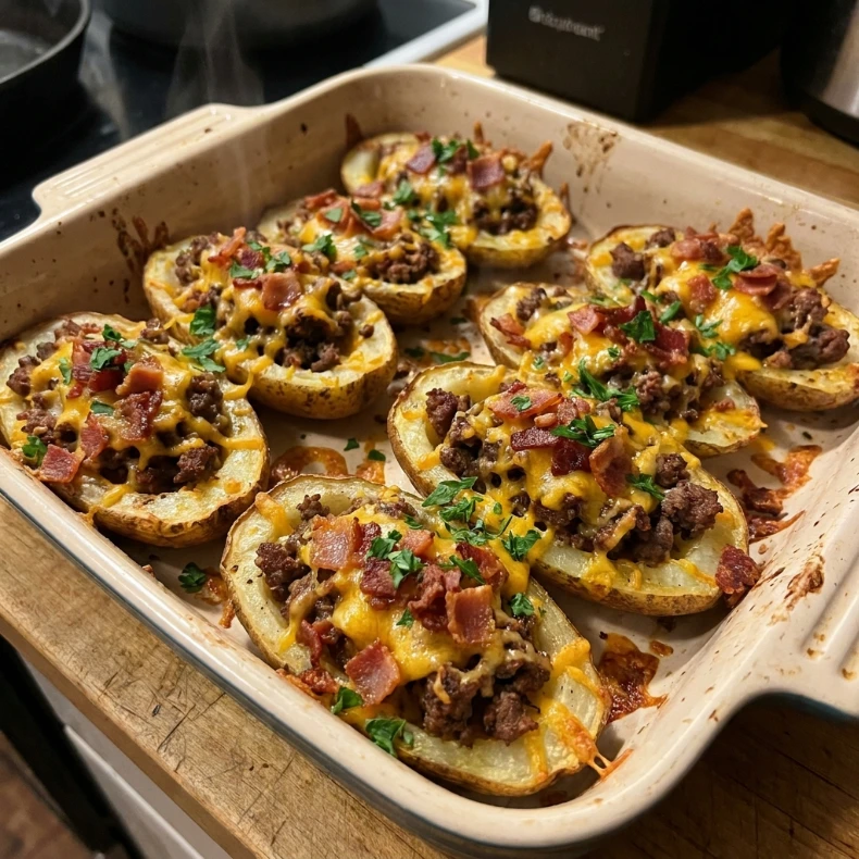 Crispy Garlic Butter Bacon Cheeseburger Potato Skins 30 Minutes Ultimate Delicious