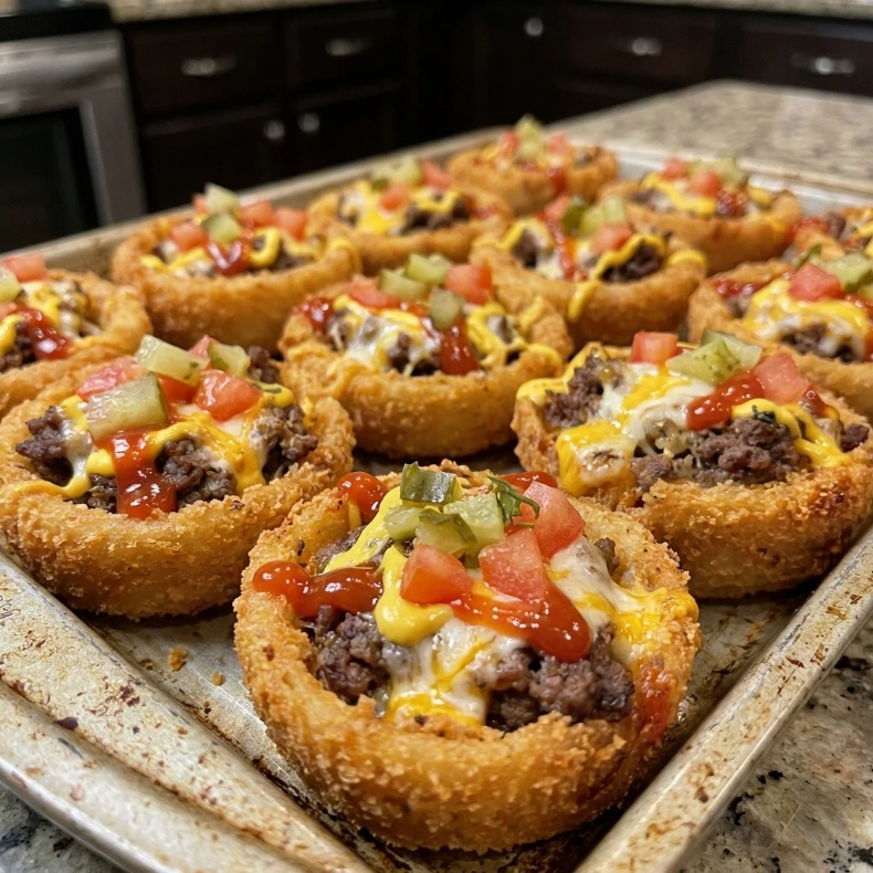 Loaded Double Cheeseburger Onion Ring Cups 15 Minutes Awesome Delicious