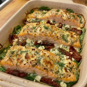 Mediterranean Baked Salmon with Sun-Dried Tomatoes and Crumbled Feta 4 Servings Ultimate Delicious