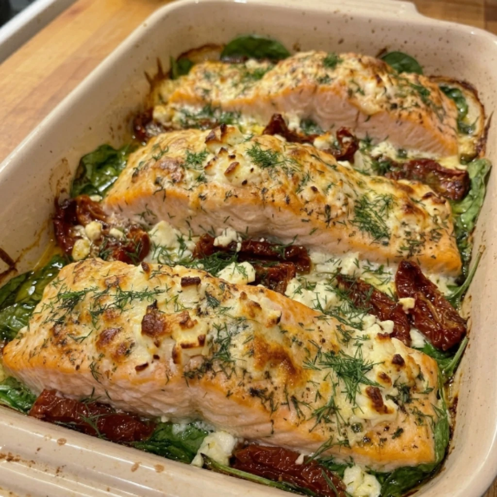 Mediterranean Baked Salmon with Sun-Dried Tomatoes and Crumbled Feta 4 Servings Ultimate Delicious