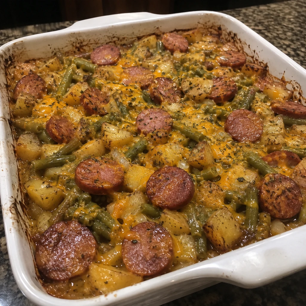 Smothered Sausage Green Bean Potato Bake 30 Minutes Awesome Delicious
