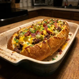 Bacon Cheeseburger Stuffed Garlic Bread Boat 30 Minutes Ultimate Delicious